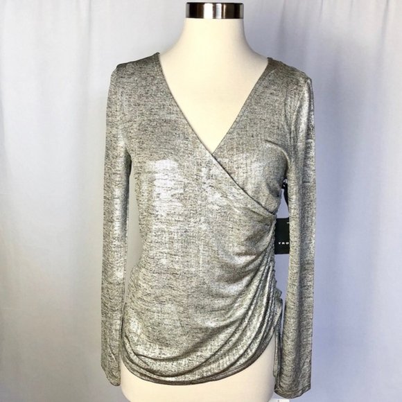 Trouve Metallic Silver Rouched Top - Silk Foil Nordstrom Small New with Tags - Picture 1 of 16